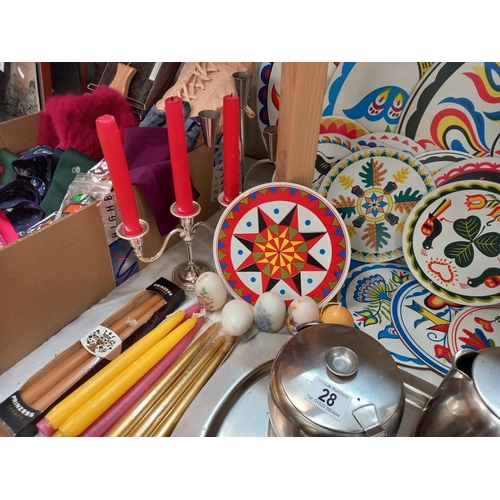 28 - A colourful lot of table mats/coasters plus stainless steel tea set on tray, candlesticks, candles e... 