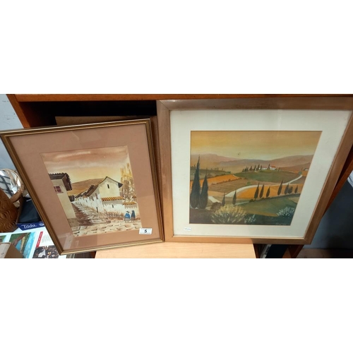 5 - A gilt framed water colour of a Mediterranean street scene and a print of countryside