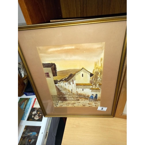 5 - A gilt framed water colour of a Mediterranean street scene and a print of countryside