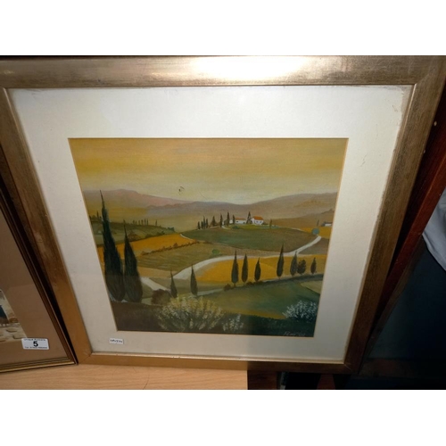 5 - A gilt framed water colour of a Mediterranean street scene and a print of countryside