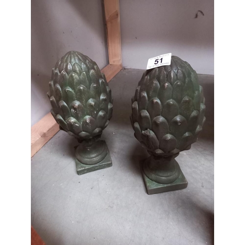 51 - 2 Verdigris cement/concrete artichoke garden gate post toppers COLLECT ONLY