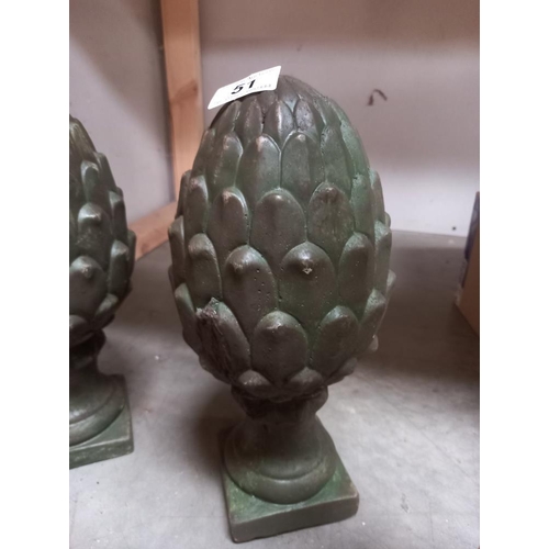 51 - 2 Verdigris cement/concrete artichoke garden gate post toppers COLLECT ONLY