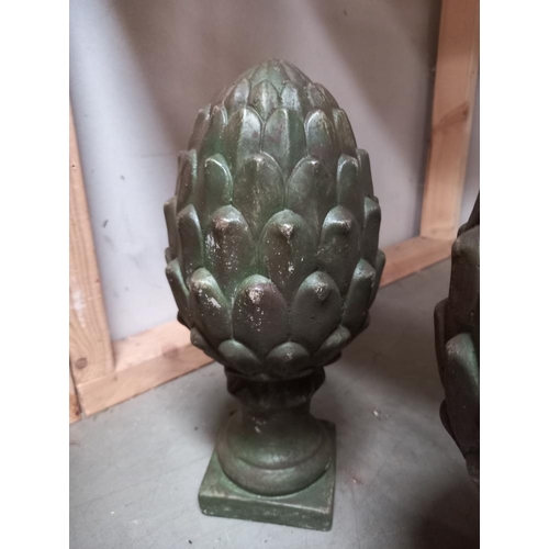 51 - 2 Verdigris cement/concrete artichoke garden gate post toppers COLLECT ONLY