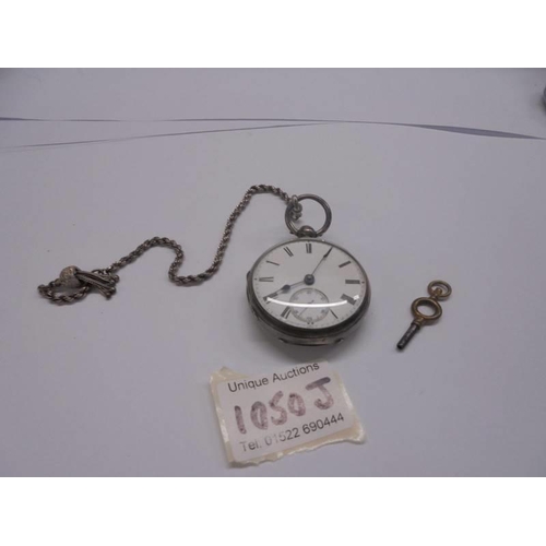 1050J - A silver pocket watch on a white metal chain.