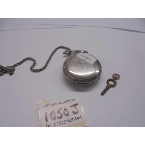 1050J - A silver pocket watch on a white metal chain.