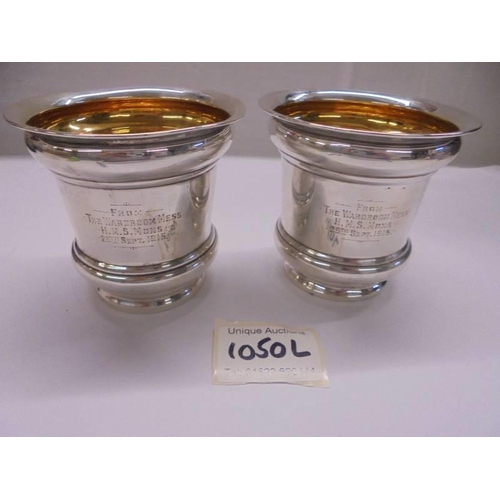 1050L - A pair of George V (1914) silver beakers inscribed 'From the wardroom mess HMS Mons, 29th September ... 