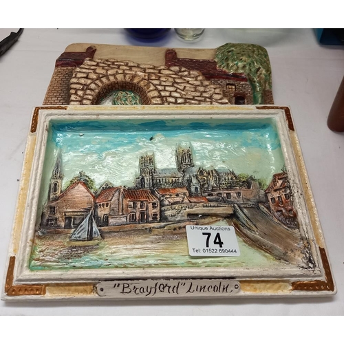 74 - A vintage Ray Fisk painted plaque of Lincoln and one of Brayford arch.