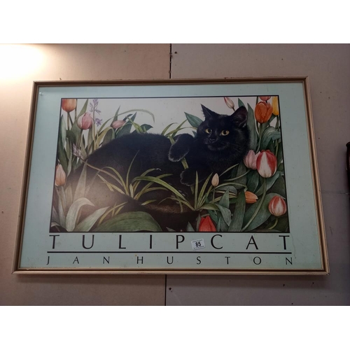 85 - A large framed print of a black cat Tulip cat Jan Hurston COLLECT ONLY