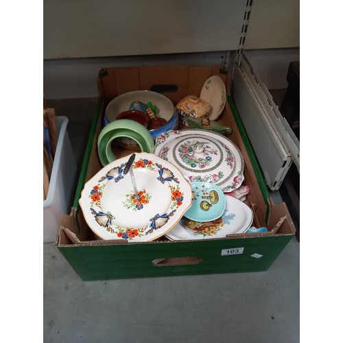 103 - A box of miscellaneous pottery including Wade, Johnson Indian tree tureen etc COLLECT ONLY