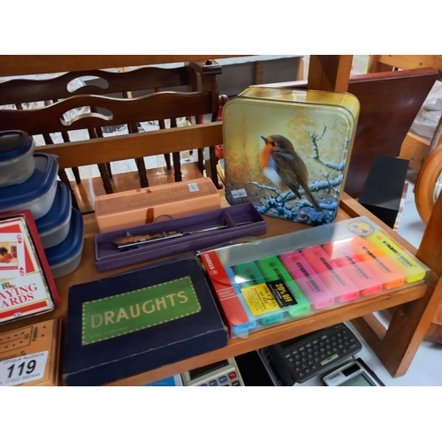 119 - A quantity of games and home office items, cribbage board, dominoes, plus note books, envelopes, hig... 