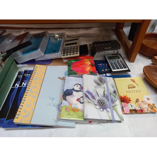 119 - A quantity of games and home office items, cribbage board, dominoes, plus note books, envelopes, hig... 