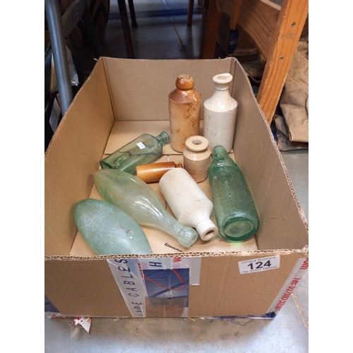 124 - A quantity of stoneware and Codd bottles etc including Talbot herbal remedies Boston & Spalding, R W... 