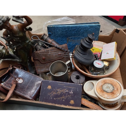 125 - A varied selection of items including binoculars, 2 metal figurines 1 a/f, COLLECT ONLY