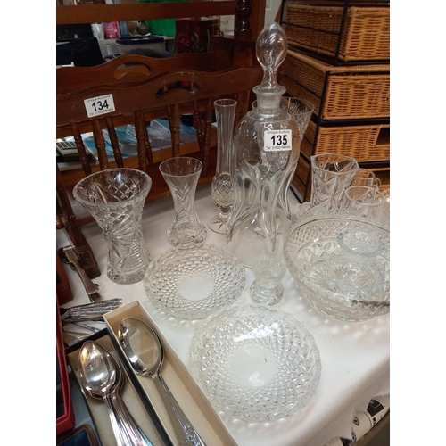 135 - A glass decanter plus vases, bowls etc COLLECT ONLY