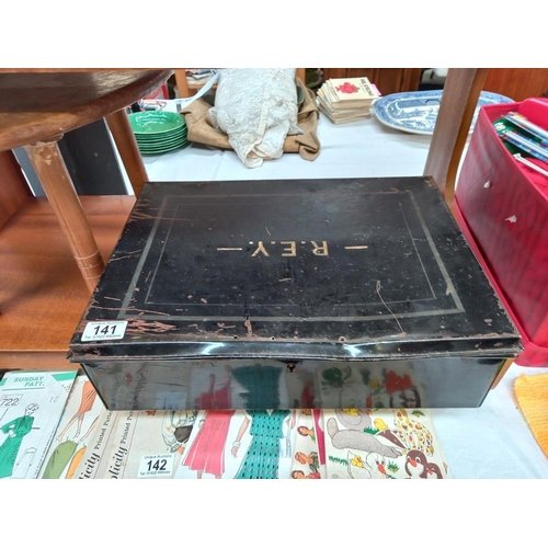 141 - A vintage metal deed box & a vintage teak stool COLLECT ONLY