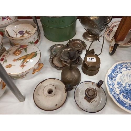 147 - A mixed lot including bell, silver plate & enamel chamber sticks etc. COLLECT ONLY