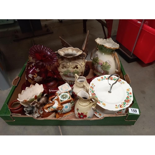 159 - A box of vintage pottery & glass including elephants & cake stand etc A/F COLLECT ONLY