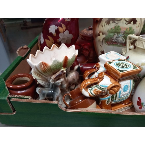 159 - A box of vintage pottery & glass including elephants & cake stand etc A/F COLLECT ONLY