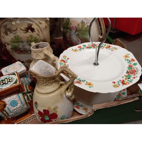 159 - A box of vintage pottery & glass including elephants & cake stand etc A/F COLLECT ONLY