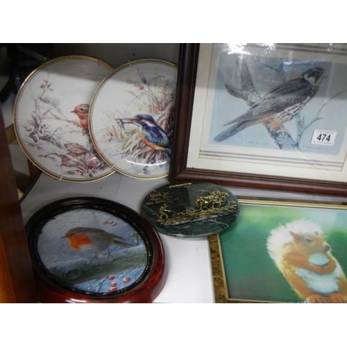 474 - A quantity of bird decorated plates, bird pictures etc., COLLECT ONLY.