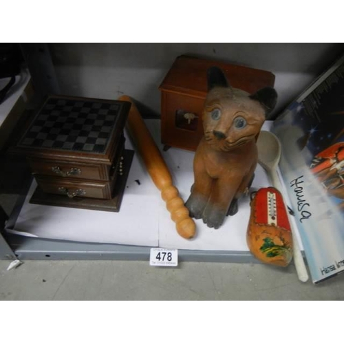 478 - A mixed lot of wooden items including cat, truncheon, box etc.,