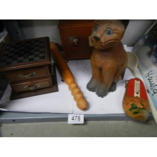 478 - A mixed lot of wooden items including cat, truncheon, box etc.,