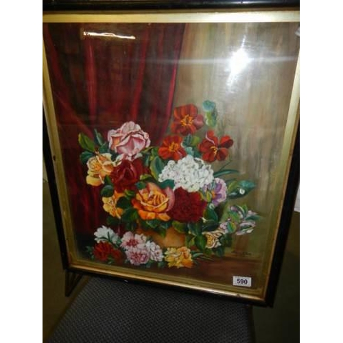 590 - A Victorian oil on canvas signed painting of flowers, COLLECT ONLY.