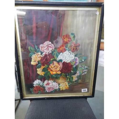 590 - A Victorian oil on canvas signed painting of flowers, COLLECT ONLY.