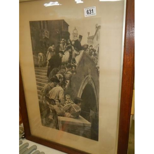 631 - A framed and glazed engraving depicting a Venetian scene of people on a bridge, COLLECT ONLY