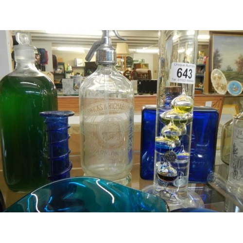 643 - A mixed lot of glass ware including soda syphon, COLLECT ONLY.