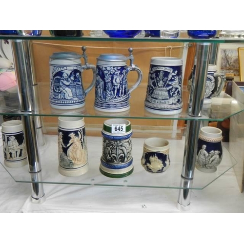 645 - A selection of blue beer steins, COLLECT ONLY.