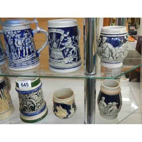 645 - A selection of blue beer steins, COLLECT ONLY.