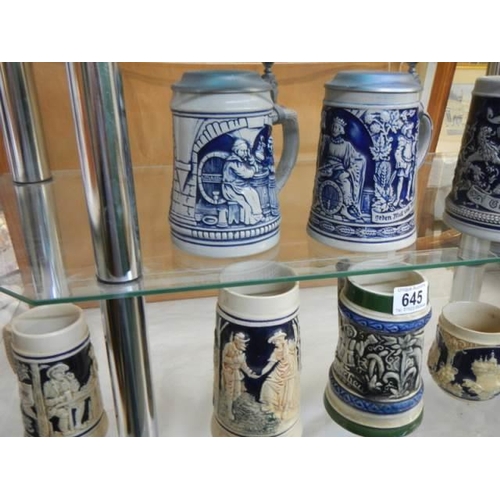 645 - A selection of blue beer steins, COLLECT ONLY.