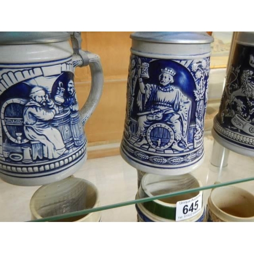 645 - A selection of blue beer steins, COLLECT ONLY.