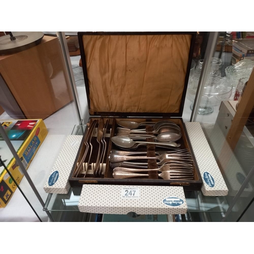 247 - 3 boxes of sterling silver handles cutlery and a 1930's oak cutlery box with contents