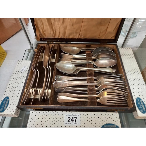 247 - 3 boxes of sterling silver handles cutlery and a 1930's oak cutlery box with contents