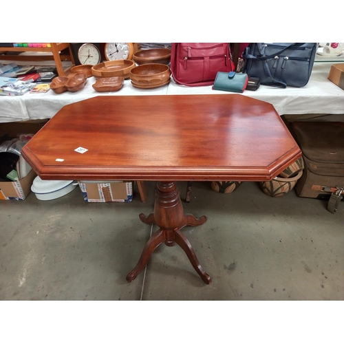 267 - A mahogany tea table with rectangular octagonal top on centre column with 4 legs COLLECT ONLY