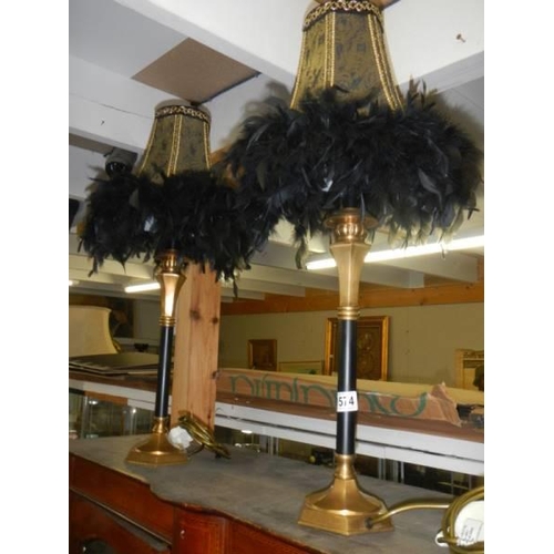 1574 - A pair of contemporary table lamps with feathered shades.