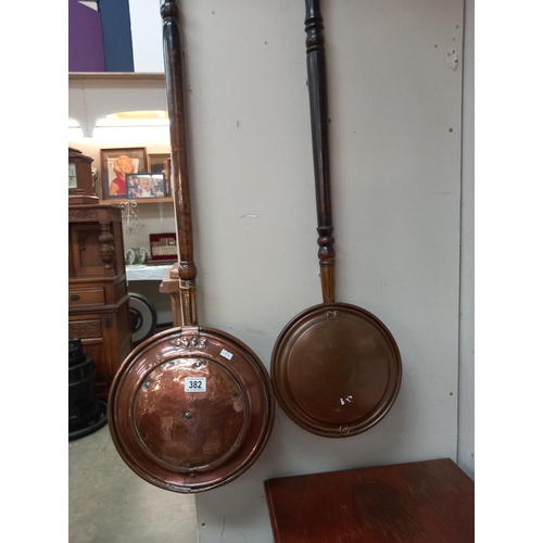 382 - 2 Victorian copper warming pans, jam pan and Indian brass gong  COLLECT ONLY