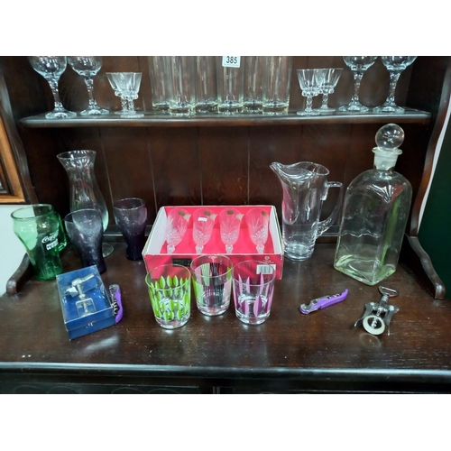 385 - A boxed French crystal glasses and 3 shelves of glassware etc COLLECT ONLY