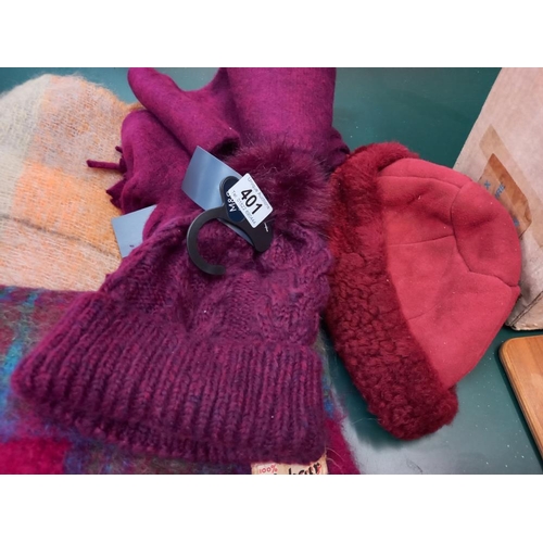 401 - A Mohair scarf, plus one other, and matching hat and scarf with tags and one other hat