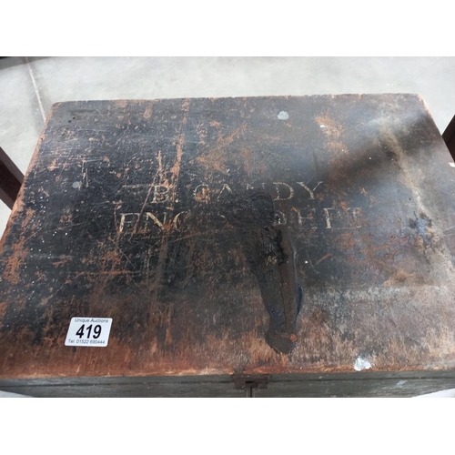 419 - An old wooden box of engineering tools and spanner etc COLLECT ONLY