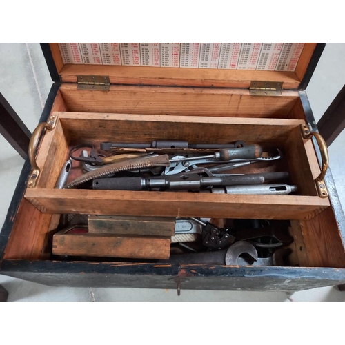 419 - An old wooden box of engineering tools and spanner etc COLLECT ONLY