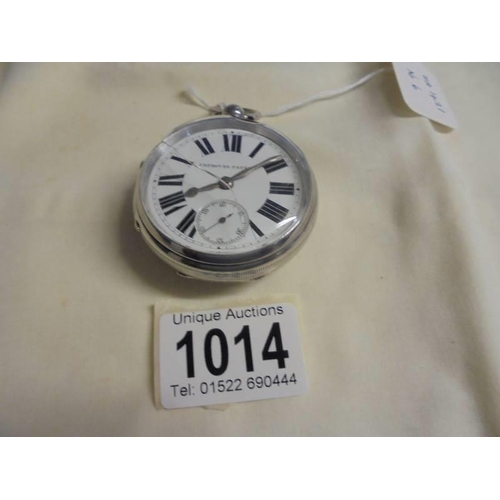 1014 - A silver English lever, Benjamin Hurral, Barnsley, key wind pocket watch, glass cracked, in working ... 