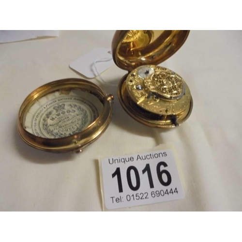 1016 - A gilt pair-cased Verge, Jaeger, Canterbury, No.3882 key wind pocket watch.