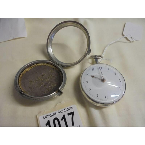 1017 - A silver pair-cased Verge, unsigned, silver dust cover, key wind pocket watch with 'Forget-Me-Not' w... 