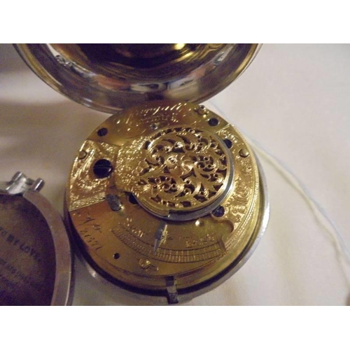 1018 - A silver pair-cased Verge, Springall, Norwich, No.21571 key wind pocket watch. cracked dial, not wor... 