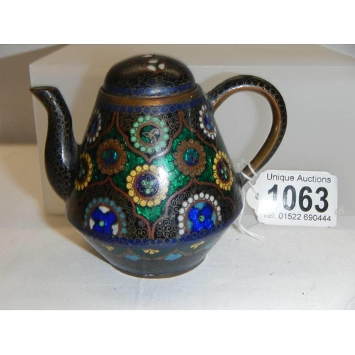 1063 - A late Victorian miniature cloissonne' teapot, knob missing from lid but otherwise in good condition... 