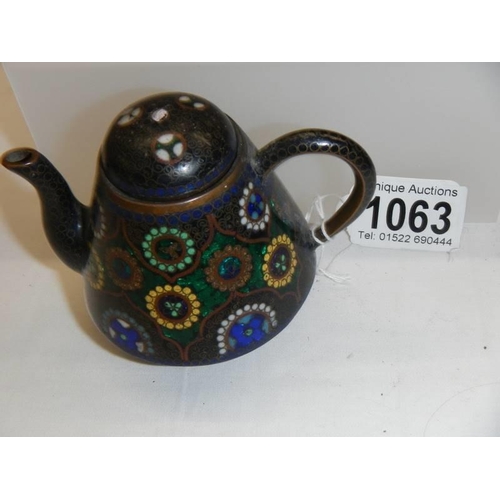 1063 - A late Victorian miniature cloissonne' teapot, knob missing from lid but otherwise in good condition... 