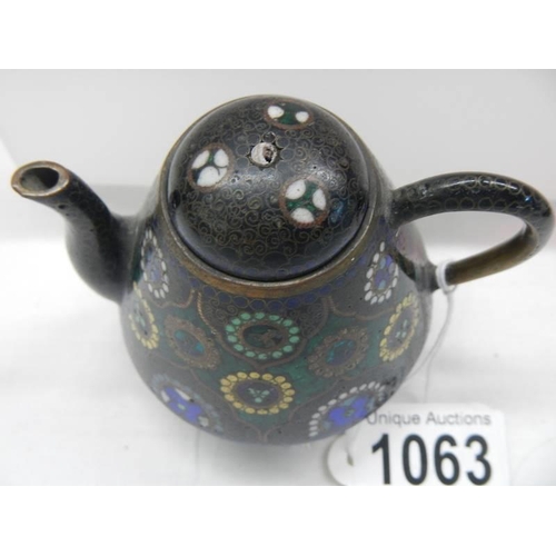 1063 - A late Victorian miniature cloissonne' teapot, knob missing from lid but otherwise in good condition... 